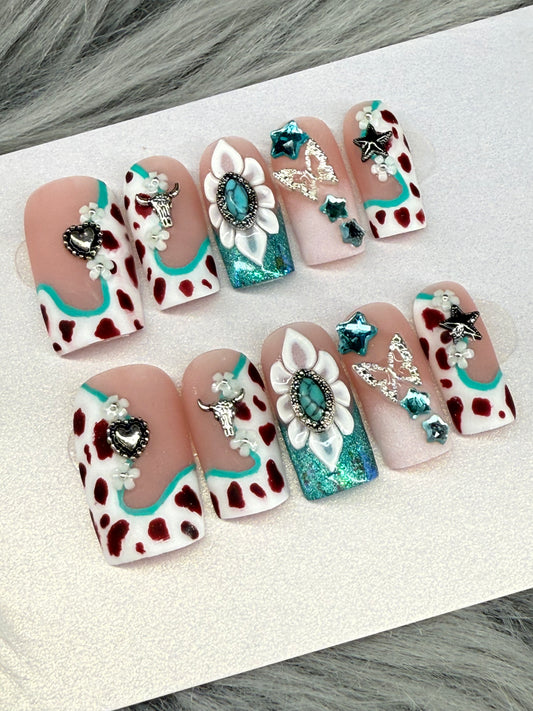 Custom Turquoise Cow Print Nails